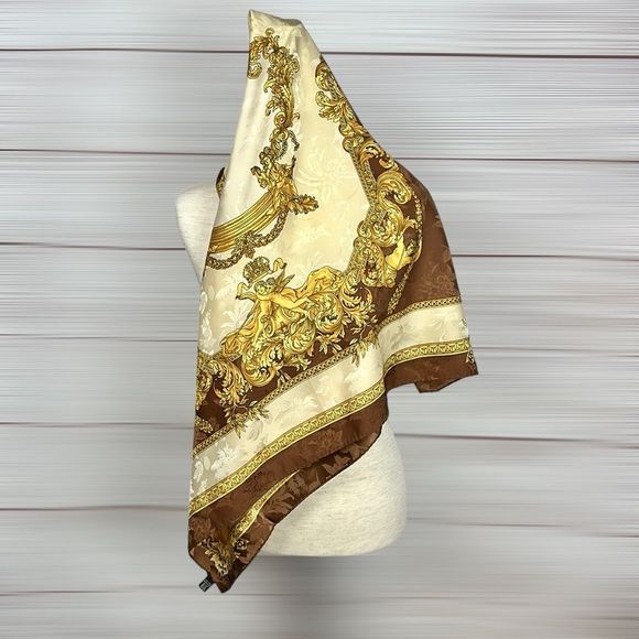 Silk Square Scarf Italy Brown Gold Cream Baroque - Picture 6 of 13